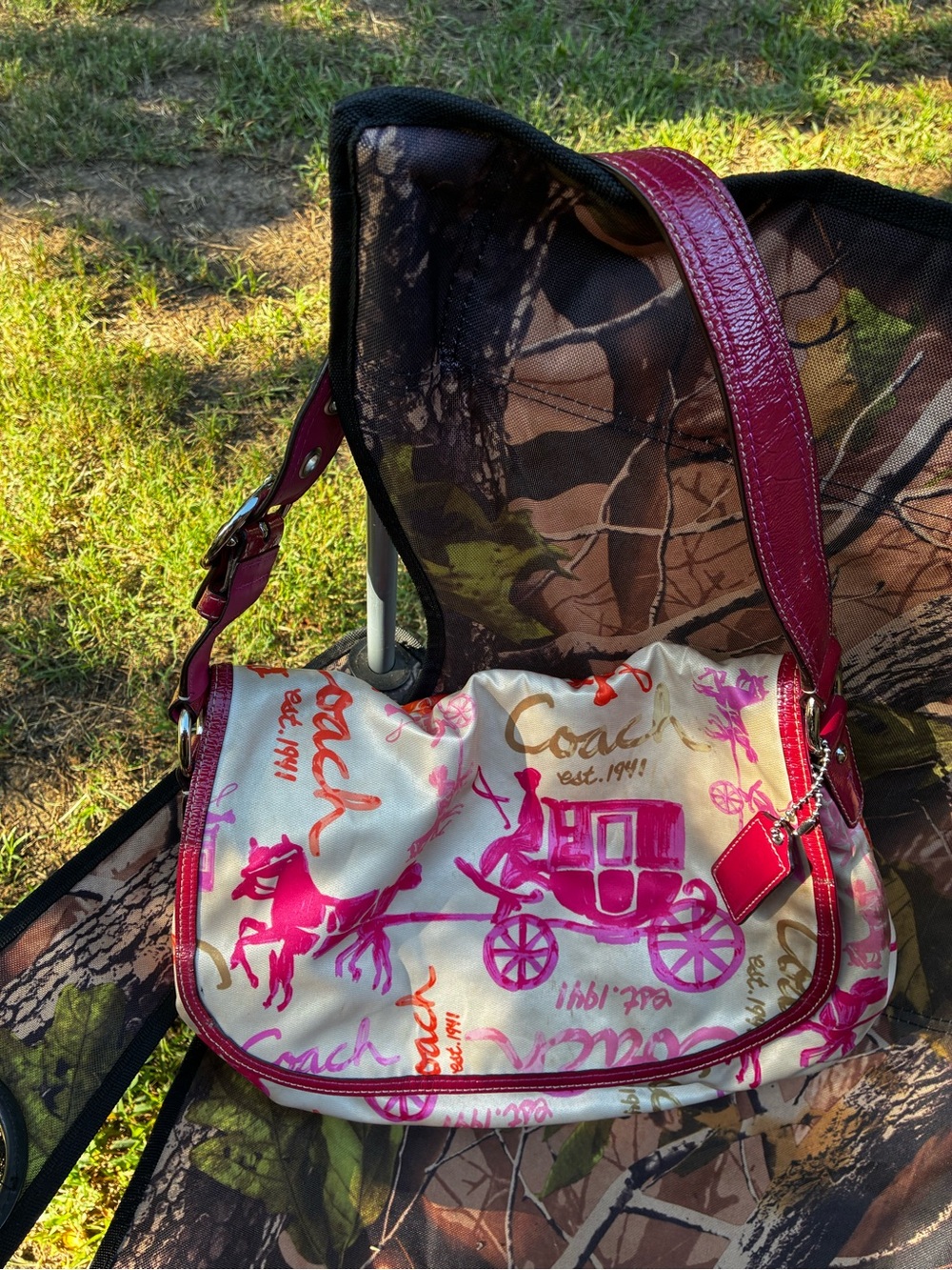 Coach Cream Shoulder Bag with Pink Logo Print and Pink Leather Trim